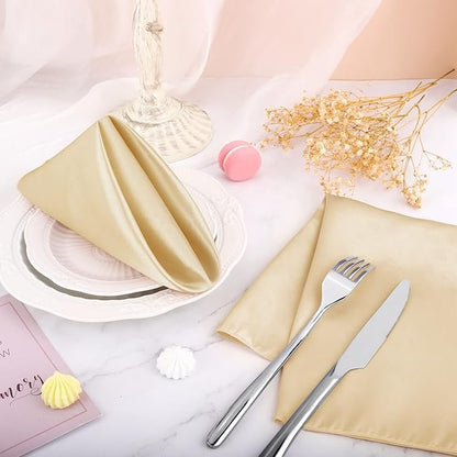 Aneco 16 Pack Square Satin Napkin Bright Silk Table Napkin Soft Smooth Fabric Table Napkin for Wedding Banquet Party Decoration, Champagne, 17 x 17 Inch
