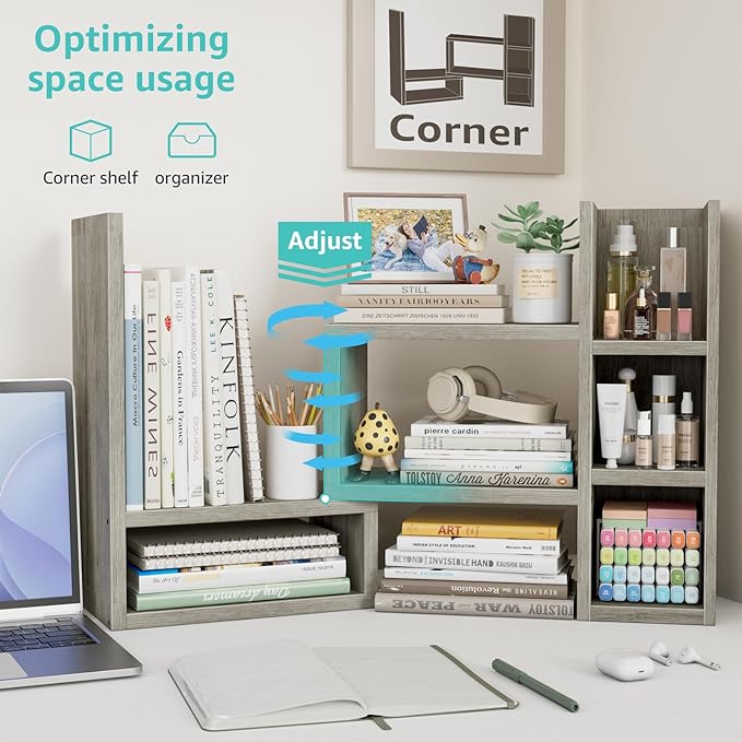 Desk Shelves Desktop Organizer Shlef - Grey Office Organization for Top of Desk Organizers and Accessories Corner Bookshelf Table Top Shelving Small Hutch Decorations for Office