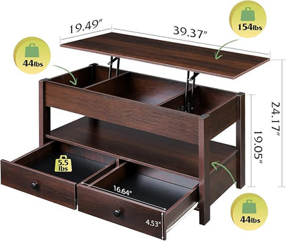WLIVE Coffee Table, Lift Top Coffee Table with 2 Drawers, Large Hidden Compartment and Open Storage Shelf, Lift Tabletop, Dining Table for Living Room, Espresso
