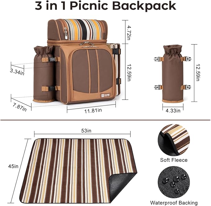ALLCAMP Picnic Backpack - Insulated Cooler Bag with Compartment, Detachable Wine Glass Holder, Throw Blanket & Cutlery Set,2 Person Picnic Set for Family Outings, Couple Gifts (Brown)
