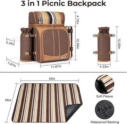 ALLCAMP Picnic Backpack - Insulated Cooler Bag with Compartment, Detachable Wine Glass Holder, Throw Blanket & Cutlery Set,2 Person Picnic Set for Family Outings, Couple Gifts (Brown)