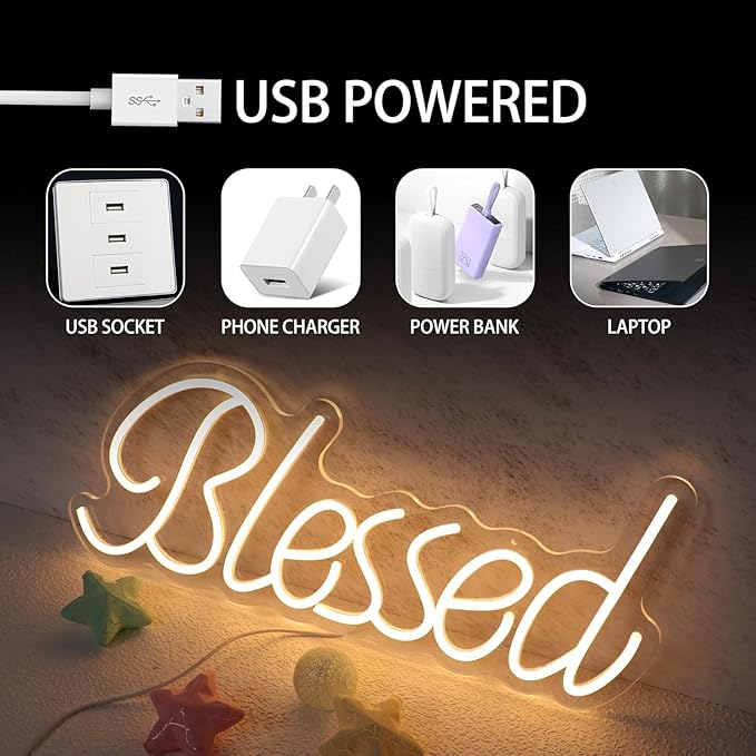 Blessed Neon Sign for Wall Decor Led Neon Lights for Teen Bedroom Decor Art Light Up Sign LED Neon Signs for All Party Reunion Wall Room Decoration 21.7x8.3 Inch (warm white)