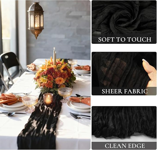10 Pack Black Table Runner Cheesecloth Sheer Gauze Cheese Cloth Runner 10FT Long Goth Black Table Runner for Wedding Party Baby Shower Birthday Home Decor Holiday Decorations