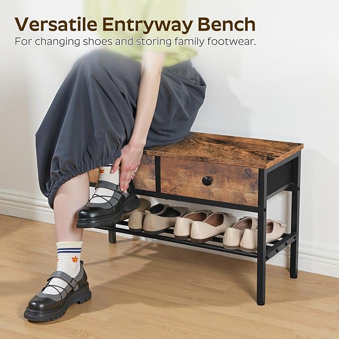 Hall Tree with Bench and Shoe Storage, Entryway Bench with Coat Rack, 4-in-1 Coat Rack Shoe Bench, Multifunctional, for Front Door, Hallway, Foyer, Rustic Brown and Black MT05BR