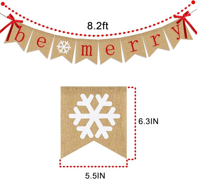 Be Merry Burlap Banner | Christmas Banner with Snowflake Sign | Christmas Decoration | Rustic Christmas Decor for Mantle Fireplace Xmas Party Holiday Supplies Decoration | Outdoor Indoor Hanging Decor