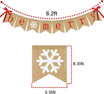 Be Merry Burlap Banner | Christmas Banner with Snowflake Sign | Christmas Decoration | Rustic Christmas Decor for Mantle Fireplace Xmas Party Holiday Supplies Decoration | Outdoor Indoor Hanging Decor