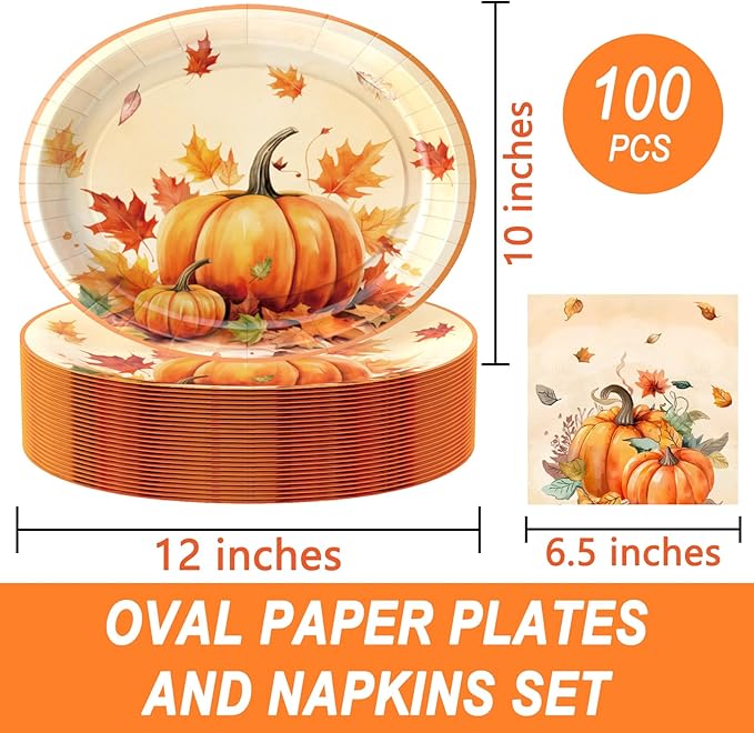 100Pcs Thanksgiving Oval Paper Plates and Napkins Set,10" x 12" Large Disposable Plates for Thanksgiving Party