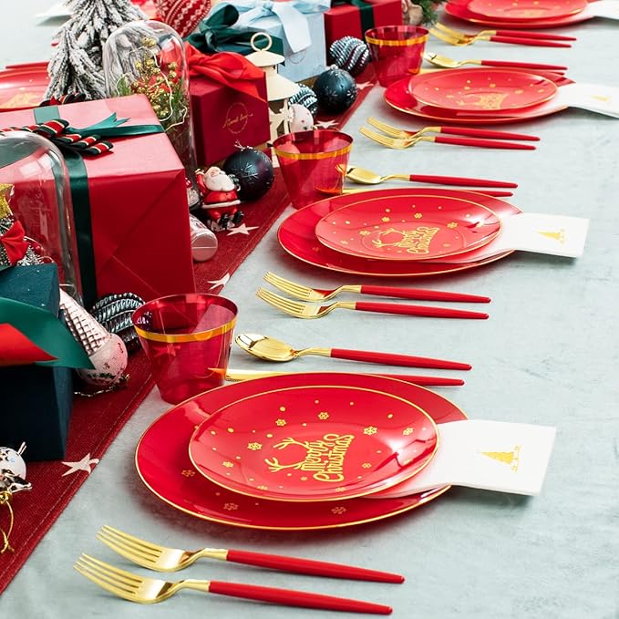 Nervure 175PCS Christmas Plastic Plates - Red and Gold Disposable Plates & Gold Plastic Silverware with Red Handle include 50 Plates 25Knives 25Forks 25Spoons 25Napkins for Christmas Party