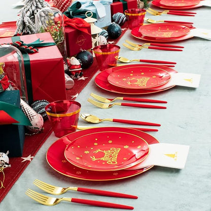 Nervure 175PCS Christmas Plastic Plates - Red and Gold Disposable Plates & Gold Plastic Silverware with Red Handle include 50 Plates 25Knives 25Forks 25Spoons 25Napkins for Christmas Party