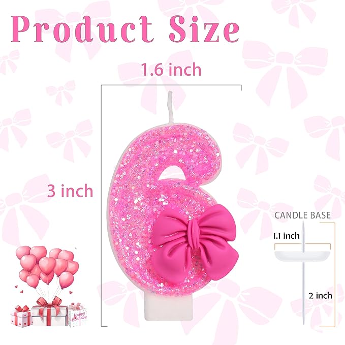 Birthday Candle for Cake, Rose Bow Number Cake Candles, 2.76 inch Number Happy Birthday Candle, Cake Topper Decoration for Birthday Party (Number 6)