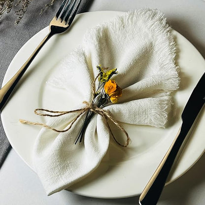 Handmade Cloth Napkins with Fringe,18 x 18 Inches Cotton Linen Napkins Set of 6 Versatile Handmade Square Rustic Fringe Napkins for Dinner, Wedding and Parties, White