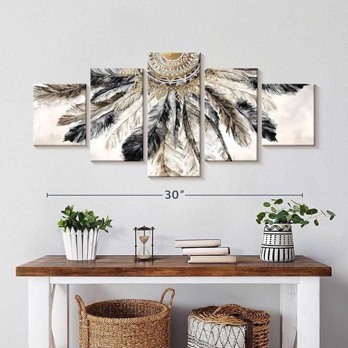 ElephantStock - Necklace Of Feathers Iii Wall Art - Horizontal Multi Panel Canvas - 5 Piece Living Room Wall Decor - Painting Multi Piece Wall Art - Brown And Gray Decor by Eva Watts - 36" x 15"