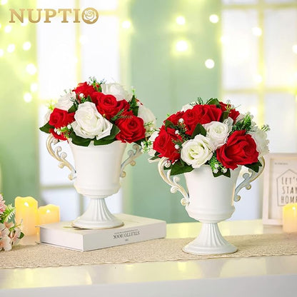 NUPTIO Flower Centerpieces for Wedding Tables: Red & White Artificial Flower Ball Arrangement for Christmas Thanksgiving Party - 2 Pcs Fake Floral Rose for Bridal Shower Decor