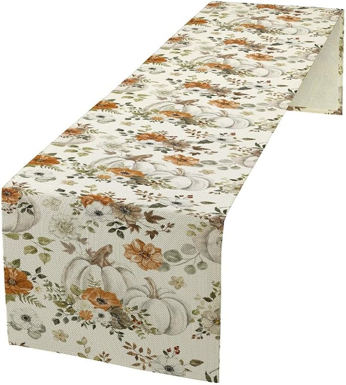 Fall Pumpkin Table Runner Rustic Floral Watercolor Plants White Vegetables Flowers Pastoral Theme Home Decor for Farmhouse Indoor Outdoor Party Holiday Dining Kitchen Restaurant Cafe W13xL72in