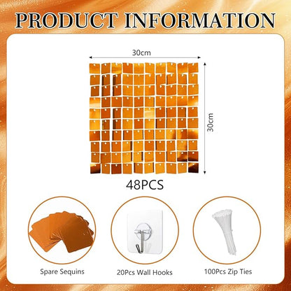 48 PCS Orange Shimmer Wall Backdrop, Square Sequin Photo Backdrops Panel, Glitter Wall Background for Birthdays, Weddings, Halloween, Engagements, Disco Bachelorette Party Decoration (6FTx8FT)