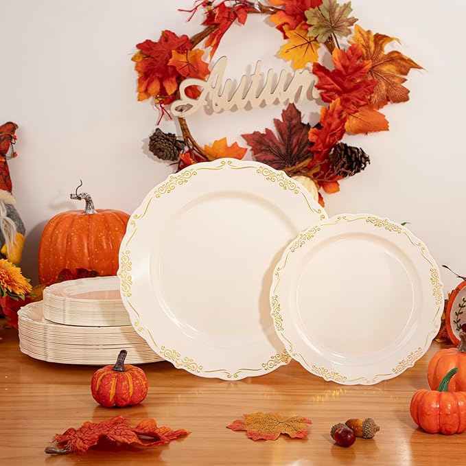 U-QE 100 PCS Ivory Christmas Plastic Plates with Gold Rim - Gold Plastic Plates for Christmas - Heavy Duty Disposable Use Including 50 10 '' & 50 7.5 ''