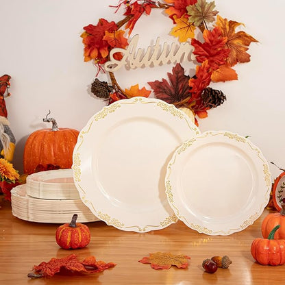 U-QE 100 PCS Ivory Christmas Plastic Plates with Gold Rim - Gold Plastic Plates for Christmas - Heavy Duty Disposable Use Including 50 10 '' & 50 7.5 ''