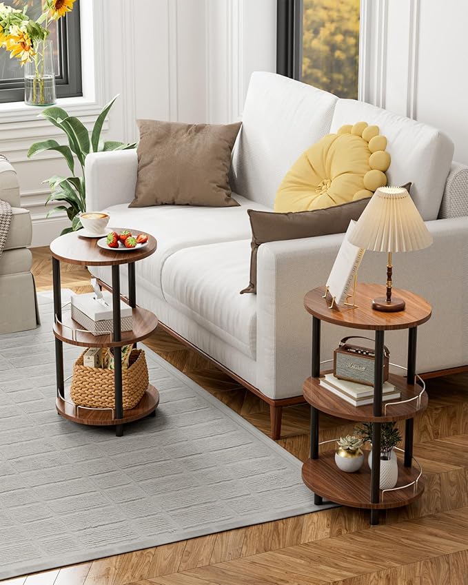 Small Nesting Coffee Table - 3-Tier Oval Accent Table for Small Spaces, Rustic Wood and Metal Couch End Table, Nightstand for Bedroom or End Table Living Room, Easy to Assemble, Rustic Walnut