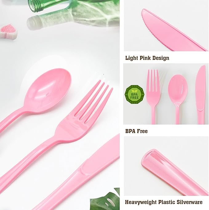 150 Pack Light Pink Plastic Silverware, Pink Plastic Utensils Heavy Duty Includes 50 Disposable Forks, 50 Knives, 50 Spoons for Birthday, Bride Shower, Wedding