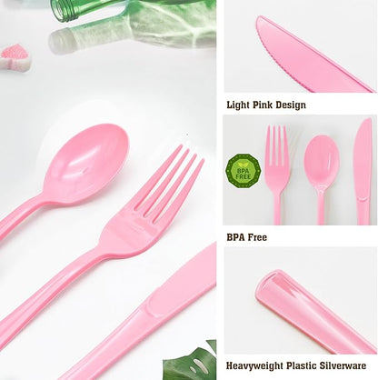 150 Pack Light Pink Plastic Silverware, Pink Plastic Utensils Heavy Duty Includes 50 Disposable Forks, 50 Knives, 50 Spoons for Birthday, Bride Shower, Wedding