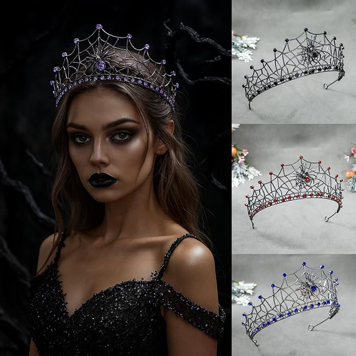 Gothic Black Spider Web Crown for Women Dark Queen Crystal Tiara Metal Headpiece Vampire Cosplay Masquerade Party Prom Night Witch Sorceress Costume Accessory