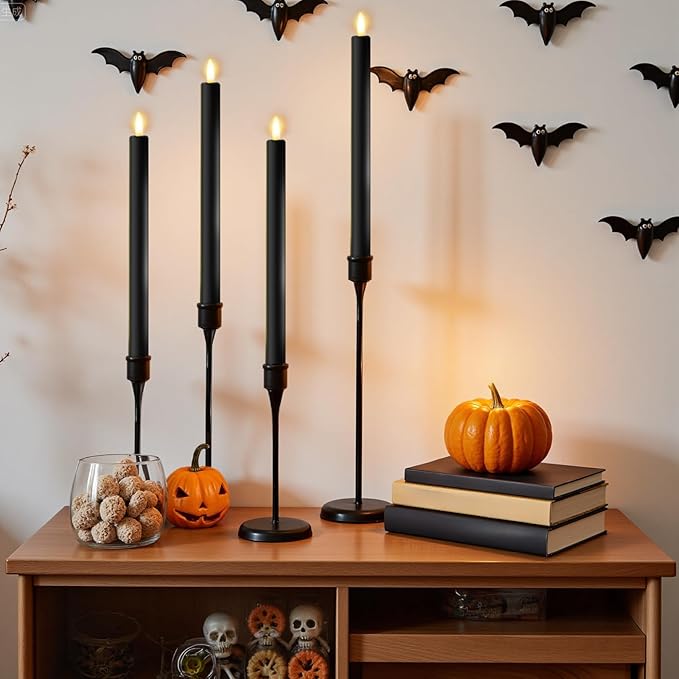 12PCS Flameless Taper Candles with 3D Flickering Flame Battery Operated Candles with 2 Remote with Button Cell Battery 10 Inch Black LED Candlesticks Window Candle for Christmas Home Decor
