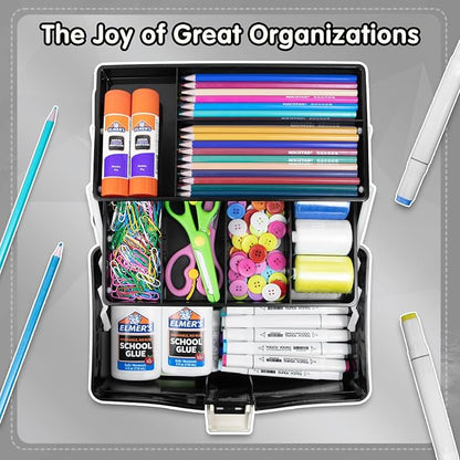 12in Three-Layer Multipurpose Storage Box Organizer Folding Tool Box/Art & Crafts Case/Sewing Supplies Organizer/Medicine Box/Family First Aid Box with 2 Trays (Black)…