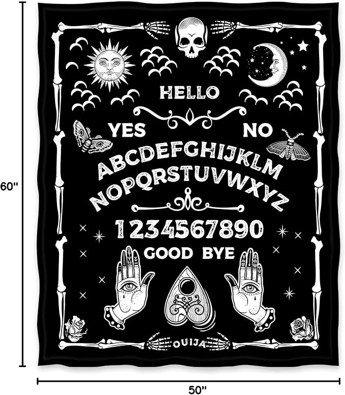 Jekeno Ouija Board Blanket Gothic Witch Gift for Halloween Sun Moon Skeleton Skull Horror Spooky Presents for Women Kids Girls Boys Men Birthday Christmas Decor Throw Blankets Black 50"x60"