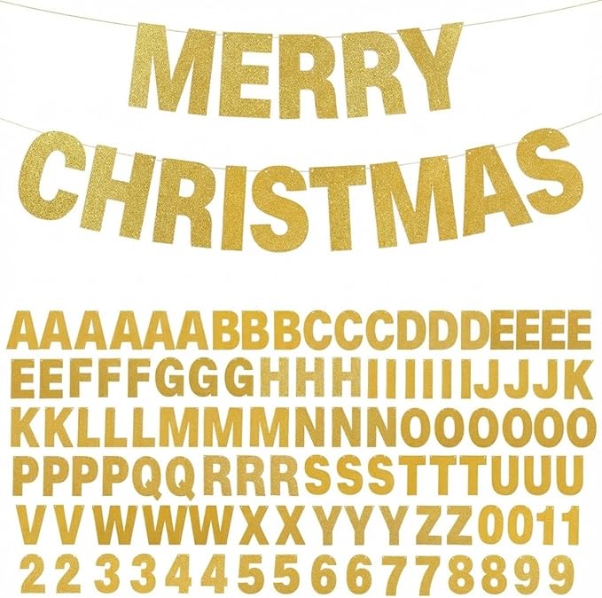 TaoBary 112 Pcs DIY Letter Kit Glitter Customizable Banner Letters Include 107 Letters and Numbers 3 Rope and 2 Needles for Birthday Halloween Christmas Wedding Valentine Party Decor(Gold)