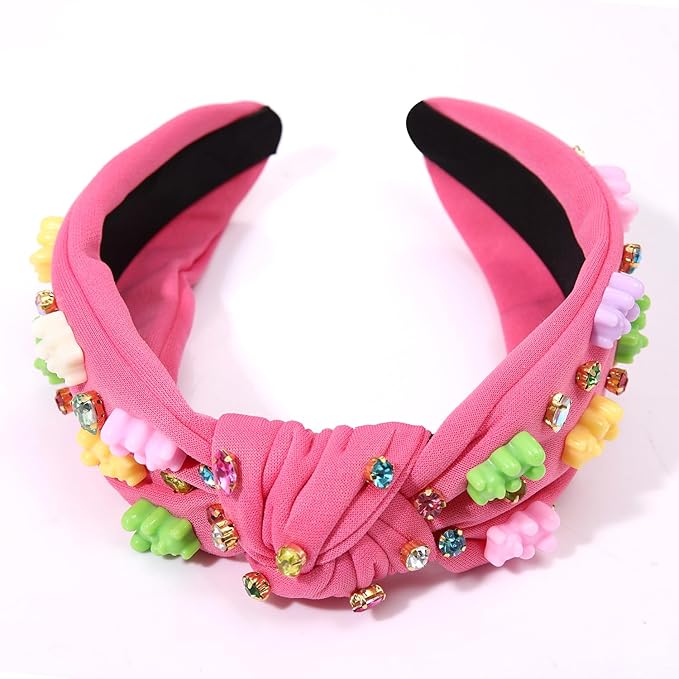 Knotted Headband for Women - Crystal Embellished Top Knot Hairband, Statement Wide Turban Hair Hoop, Funny Gifts for Girls, Sister Birthday, Holiday Party (Gummy Bear Knot-Rose Red)