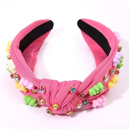 Knotted Headband for Women - Crystal Embellished Top Knot Hairband, Statement Wide Turban Hair Hoop, Funny Gifts for Girls, Sister Birthday, Holiday Party (Gummy Bear Knot-Rose Red)