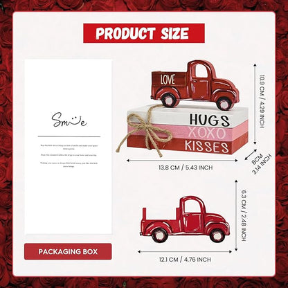 Smile Valentine's Day Wooden Book Decor Red Truck, LOVE XOXO HUGS & KISSES Signs, Valentine Indoor Decoration