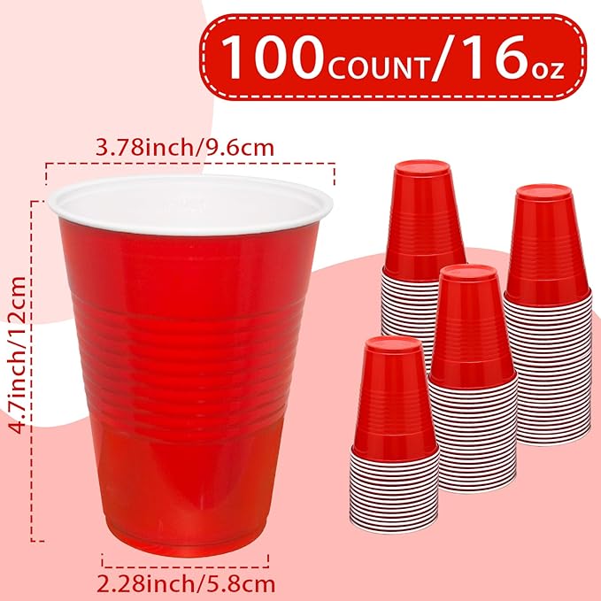 16 oz Red Plastic Cups Disposable - Christmas Cups Red Disposable Cups for Party Birthday Picnics Christmas (100 Count)