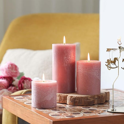 3x4 Inch Reddish Brown Pillar Candles Set of 3 - Unscented Candles, Long Clean Burning, Large Big Candles, Smokeless Dripless Pillar Candles for Dinner Table, Wedding, Home, Bathroom, Rustic Decor