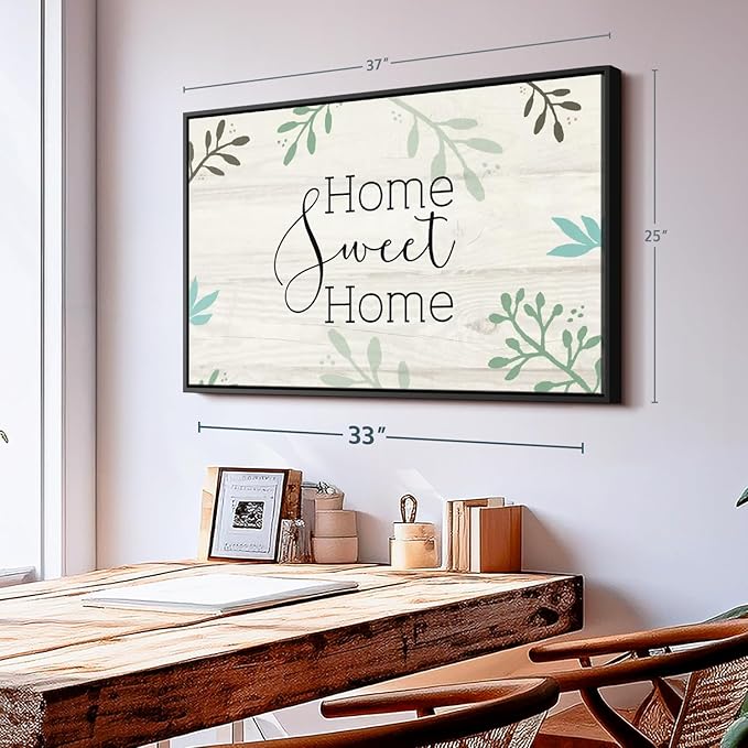 Elephant Stock Home Sweet Home Foliage Wall Art - Horizontal Floating Framed Canvas - 1-Piece Living Room Wall Decor - Leaf Digital Art Canvas Print - Beige and Black Decor for Wall by Susan Jill - 37" X 25"
