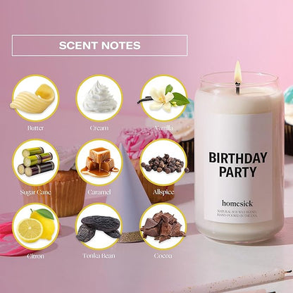 Homesick Scented Candles for Home (Birthday Party) - 13.75 oz Long-Lasting Natural Soy Wax Blend Jar Candle Gifts for Women & Men, 60-80 Hours Burn Time - Notes of Butter, Cream & Vanilla
