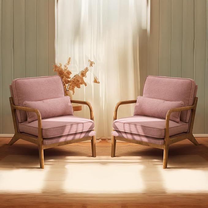 Bonnlo Pink Accent Chairs Set of 2, Upholstered Mid Century Modern Lounge Chairs Reading Chairs Side Sitting Chair Solid Wood Farmhouse Armchairs for Living Room, Bedroom, Guest Room