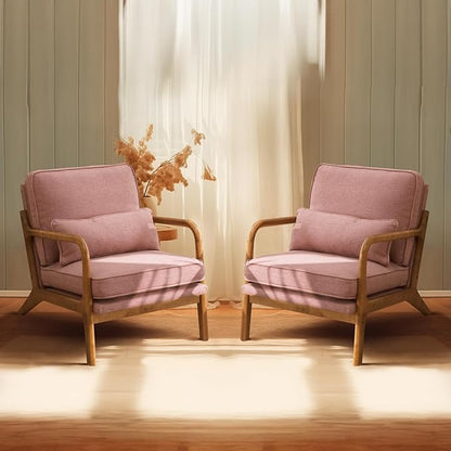 Bonnlo Pink Accent Chairs Set of 2, Upholstered Mid Century Modern Lounge Chairs Reading Chairs Side Sitting Chair Solid Wood Farmhouse Armchairs for Living Room, Bedroom, Guest Room