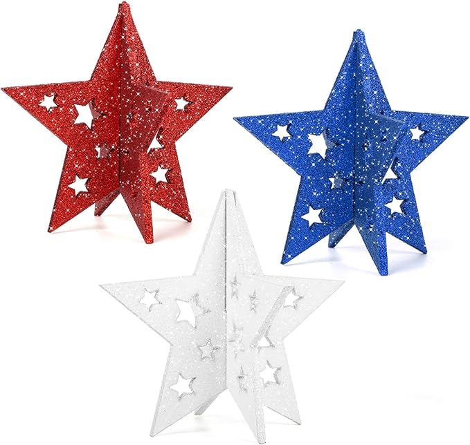 COCHIE 6 Inch Labor Day Decorations Wooden Stars Set, 3D Glitter Star Memorial Day Tiered Tray Decor, 4th of July Red White Blue Patriotic Decoration for Home Table Desk Door Shelf (Cutout, Set of 3)