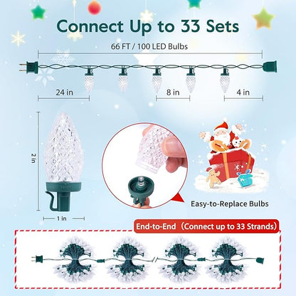 Brightown C9 Christmas String Lights White, 66ft 100 LED Faceted Christmas Lights on Green Wire, Plug-in Large Bulb Strawberry String Lights for House Roof Roofline Christmas Tree Party Outdoor