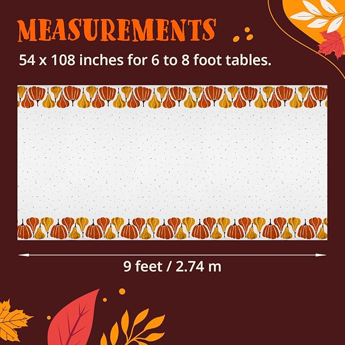 Thanksgiving Tablecloth, 2-Pack Disposable Table Cloths, Pumpkins Plastic Table Covers, 54 x 108 Inches, Thanksgiving Party Decorations