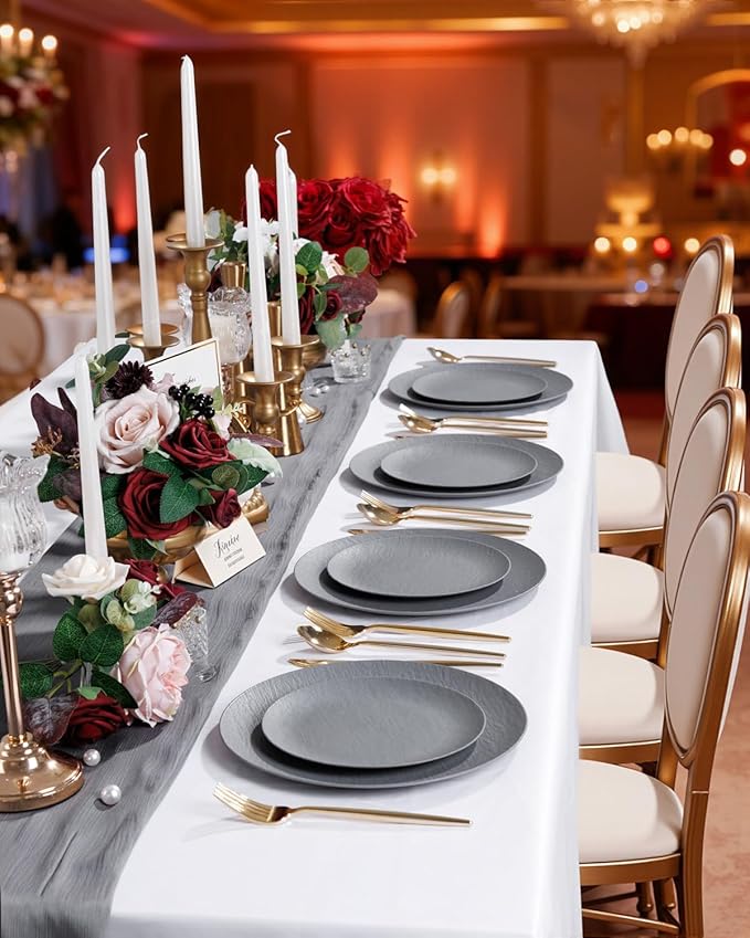 WONDERFUL 32pcs Dark Grey Plastic Plates Reusable Plates Unbreakable and Dishwasher safe Dishes Set Outdoor Plate Includes:16 Dinner 10" & 16 Dessert Plate 7.3" Suitable for Christmas New Year