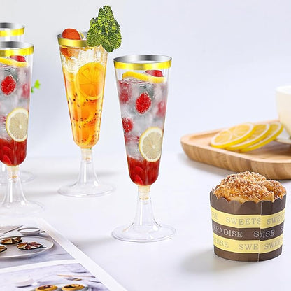 SUREHOME Champagne Flutes Plastic Champagne Glasses Disposable 100 Pack 5 Oz Gold Rim Mimosa Glasses Acrylic Wedding Toasting Cocktail Cups for New Years Eve Party Supplies 2026 New Years Decorations