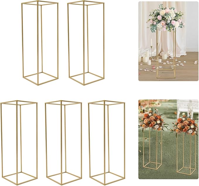 Gold Flower Stand, 5PCS Metal Column Geometric Flower Stand Floor Vase Tables Centerpieces Gold Tall Floral Display Rack Decorations Reception Floral Center Pieces for Wedding T-Stage Bar