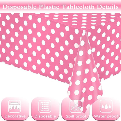 WNINK 6 Pack Pink and White Polka Dot Tablecloths – Disposable Plastic Waterproof Table Cover, 54" x 108", for Birthday, Wedding, Bridal Shower, Bachelor, Pink Girl Party, and Picnic