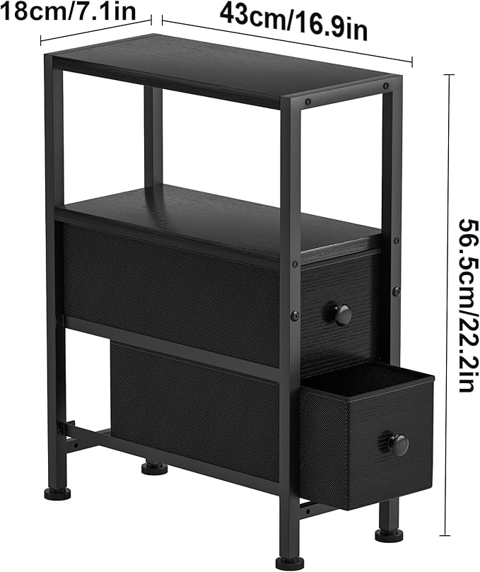Small Narrow Side Table with Drawers, Skinny End Table for Small Spaces, Slim Nightstand with Storage, Sofa Bedside Table in Living Room, Bedroom, Study, Kitchen and Balcony (Black)