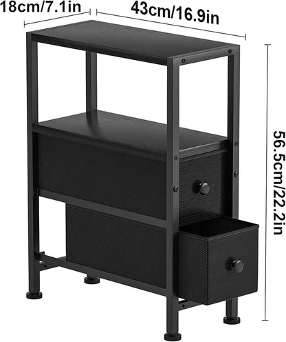 Small Narrow Side Table with Drawers, Skinny End Table for Small Spaces, Slim Nightstand with Storage, Sofa Bedside Table in Living Room, Bedroom, Study, Kitchen and Balcony (Black)