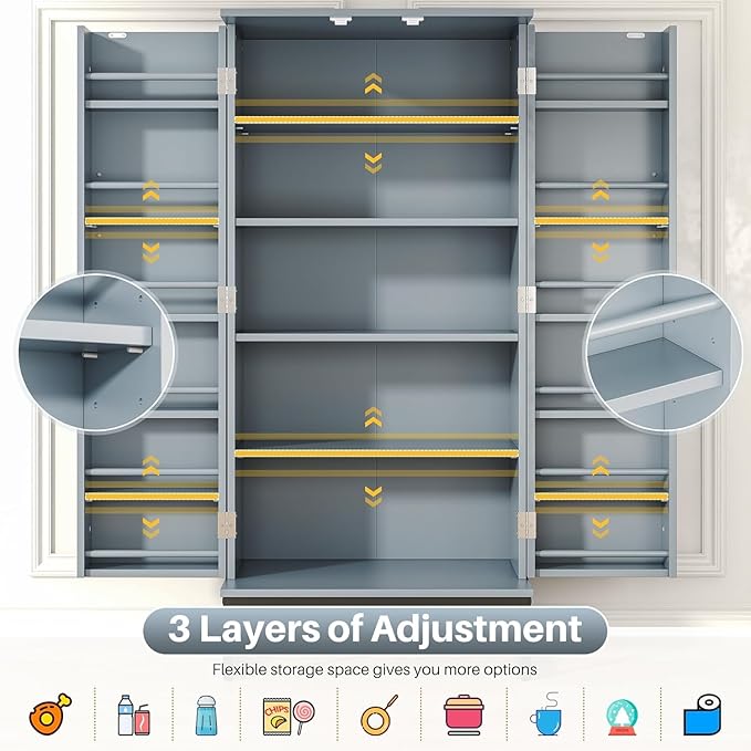 51" Kitchen Pantry Storage Cabinet, Freestanding Pantry Cabinets with Doors andAdjustable Shelves, Buffet Cupboards Storage Cabinet for Home Office Use, DinningRoom(Grey)