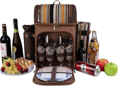 ALLCAMP Picnic Basket Backpack Cooler for 4 Person with 2 Insulated Cooler Bag, Detachable Bottle/Wine Holder, Fleece Blanket, Plates and Cutlery for Family,Couple,Friend Gatherings and Gifts (Brown)
