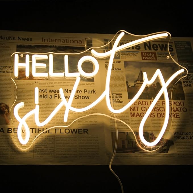 Hello Sixty Neon Sign Happy 60th Birthday LED Signs Warm White 60 Years Dimmable Neon Lights 60th Birthday Decorations Neon Signs for Wall Bedroom Birthday Party Decor Birthday Supplies